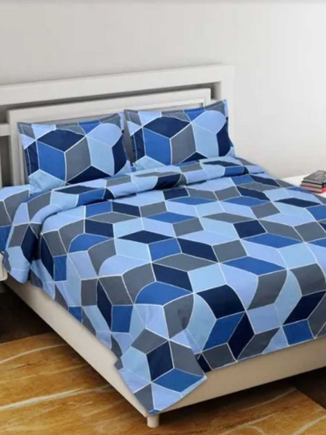 

Supreme Home Collective Blue Geometric Cotton144 TC Queen Bedsheet With 2 Pillow Covers