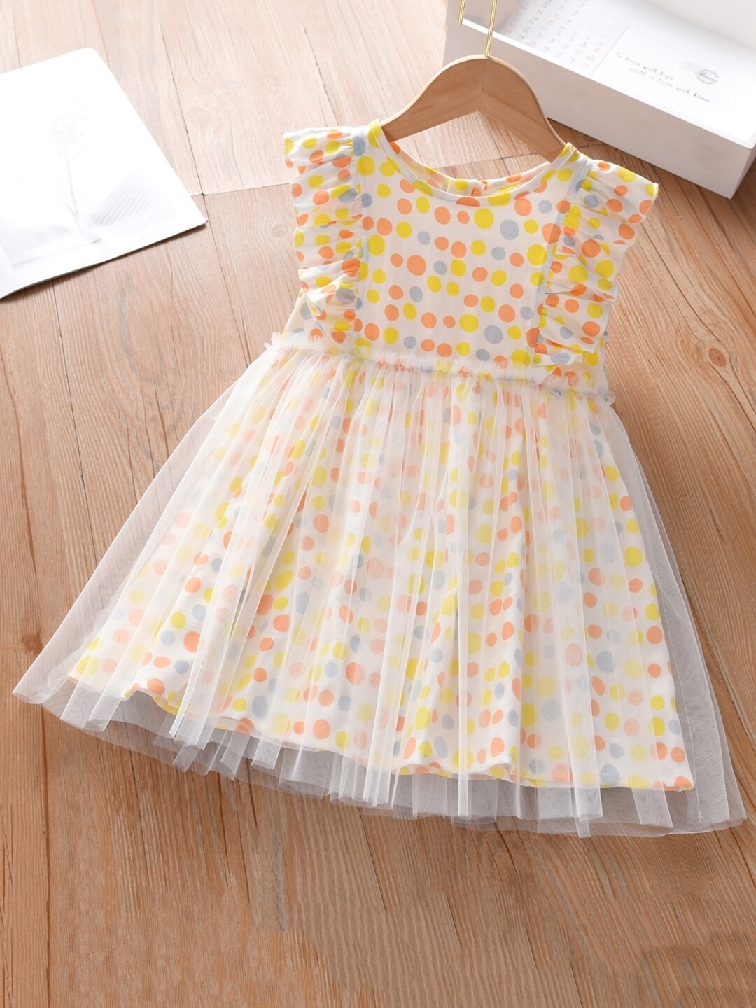 

StyleCast Girls Yellow Polka Dots Printed Flutter Sleeves Gathered Cotton A-Line Dress