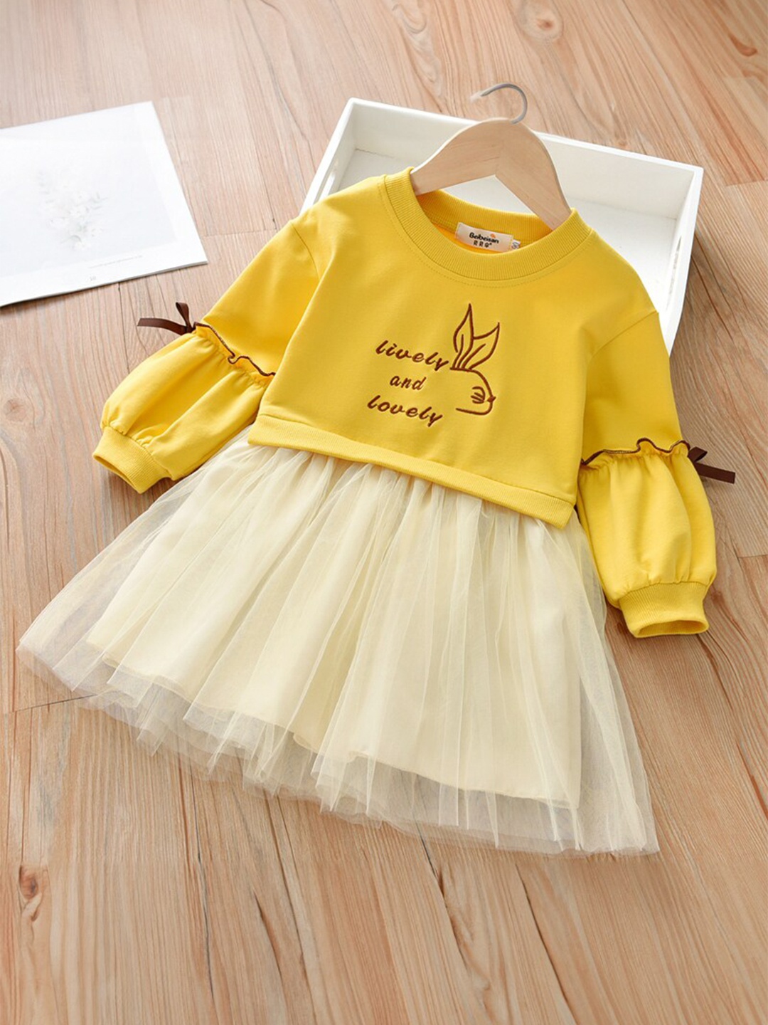 

StyleCast Girls Yellow Puff Sleeves Pure Cotton Fit and Flare Dress