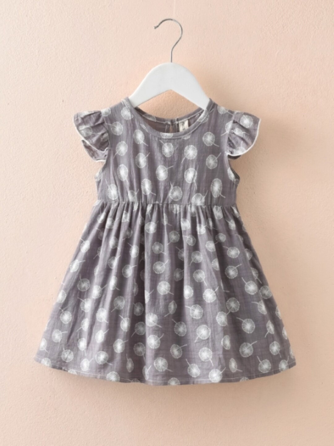 

StyleCast Girls Grey Floral Printed Flutter Sleeves Gathered Pure Cotton A-Line Dress