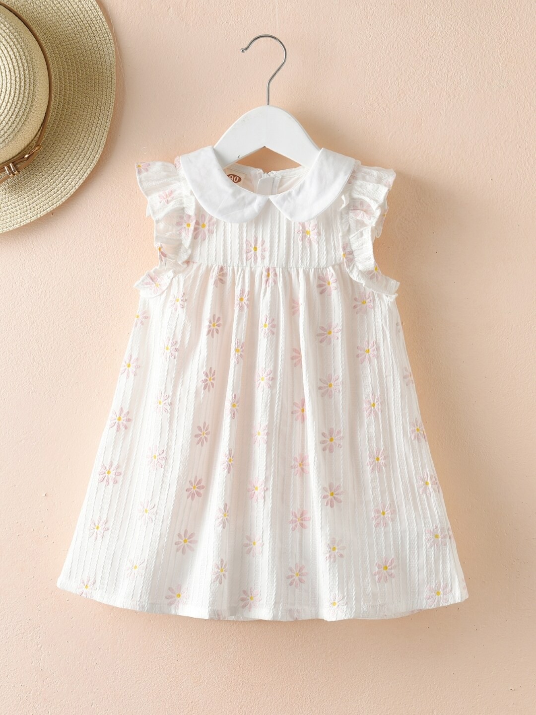 

StyleCast Girls White Floral Printed Peter Pan Collar Ruffles Pure Cotton A-Line Dress