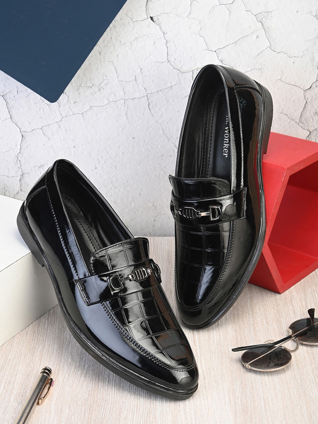 

mr.wonker Men Textured Formal Horsebit Loafers, Black