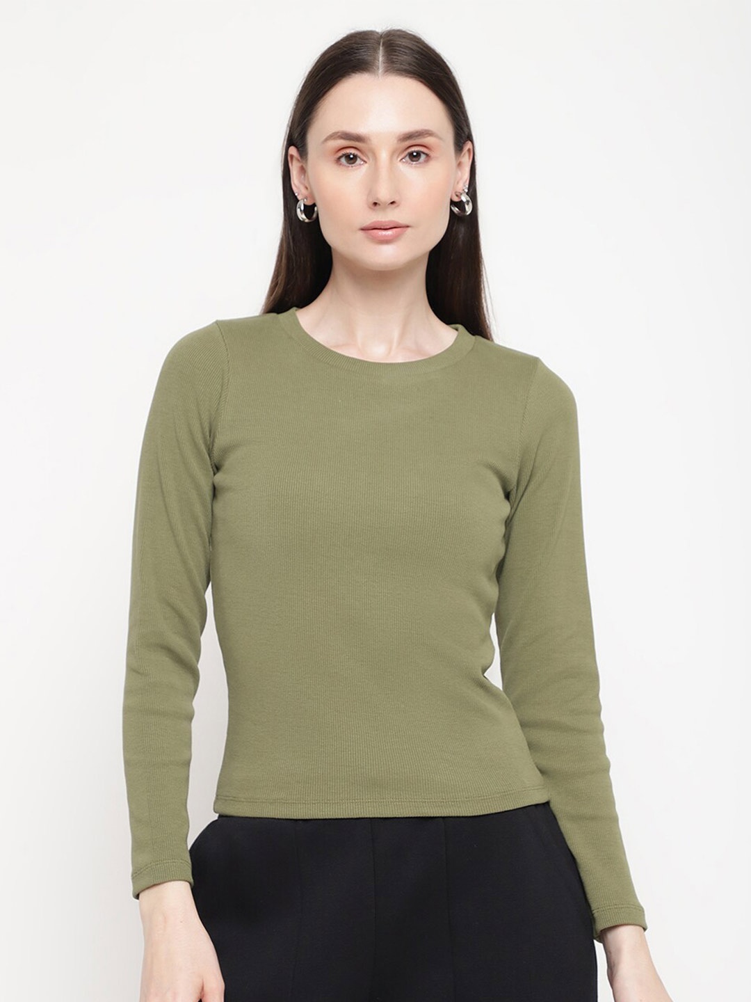 

EDRIO Ribbed Round Neck Fitted T Shirt, Olive