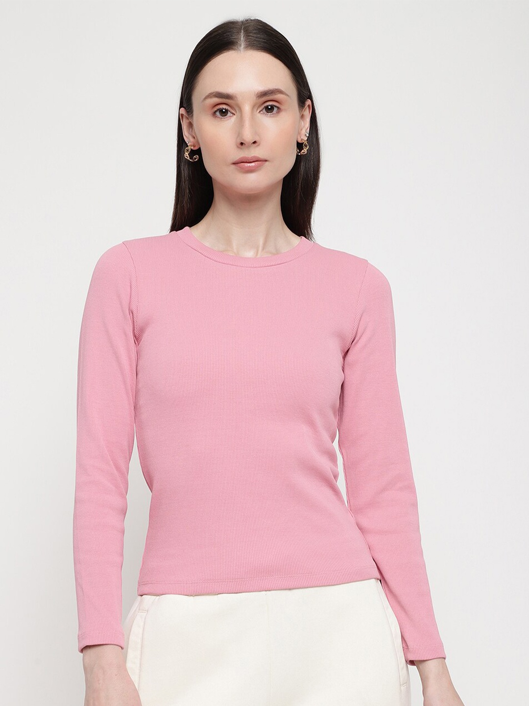 

EDRIO Ribbed Round Neck Fitted T Shirt, Pink