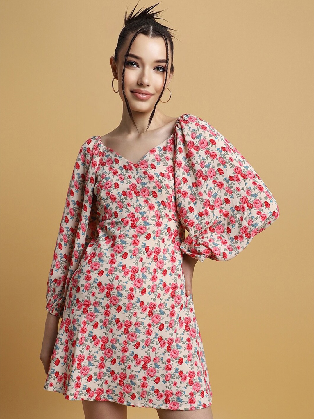 

FOREVER 21 Floral Printed Puff Sleeves A-Line Mini Dress, Pink