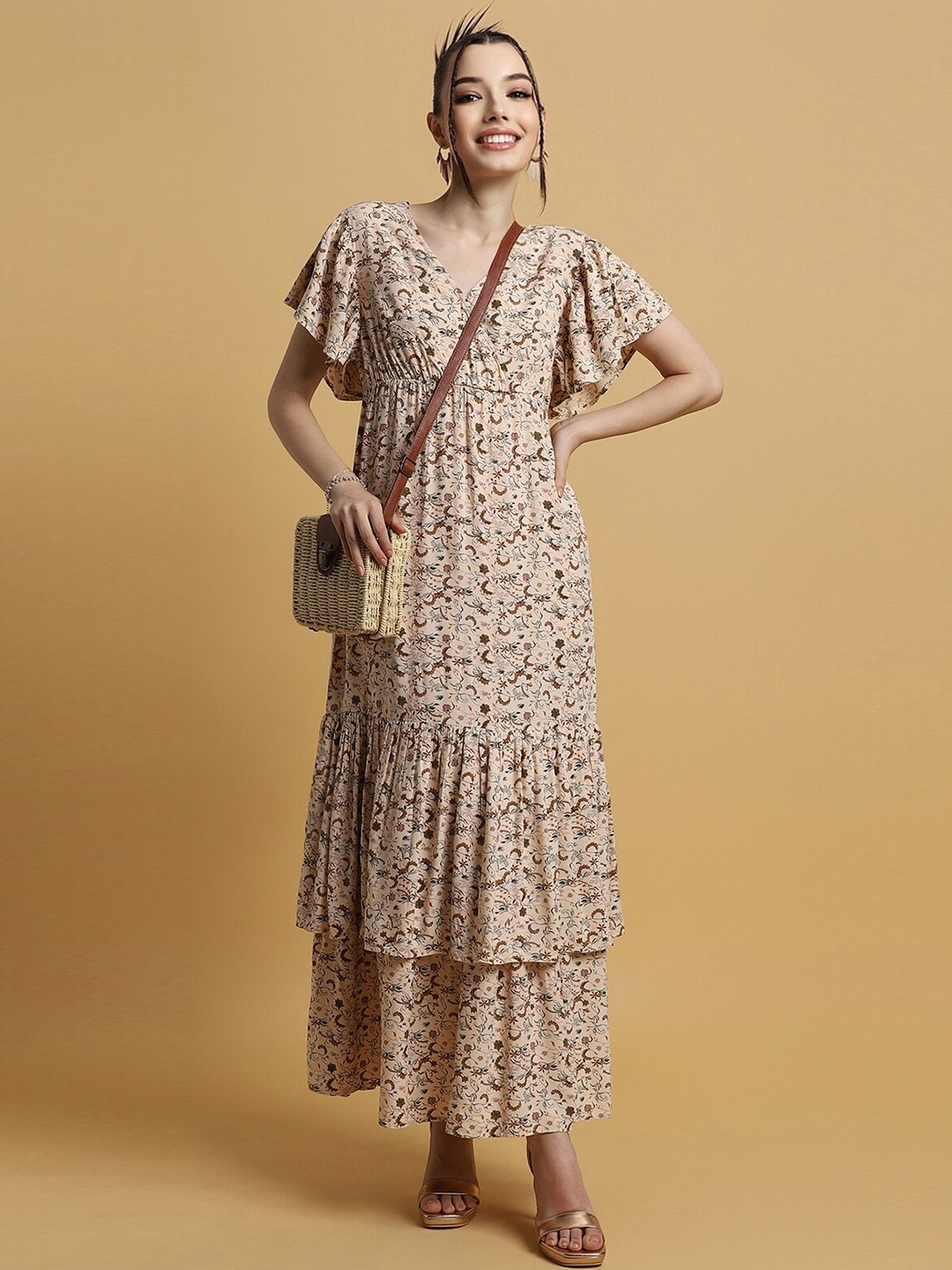 

FOREVER 21 Floral Printed V-Neck Wrap Dress, Beige