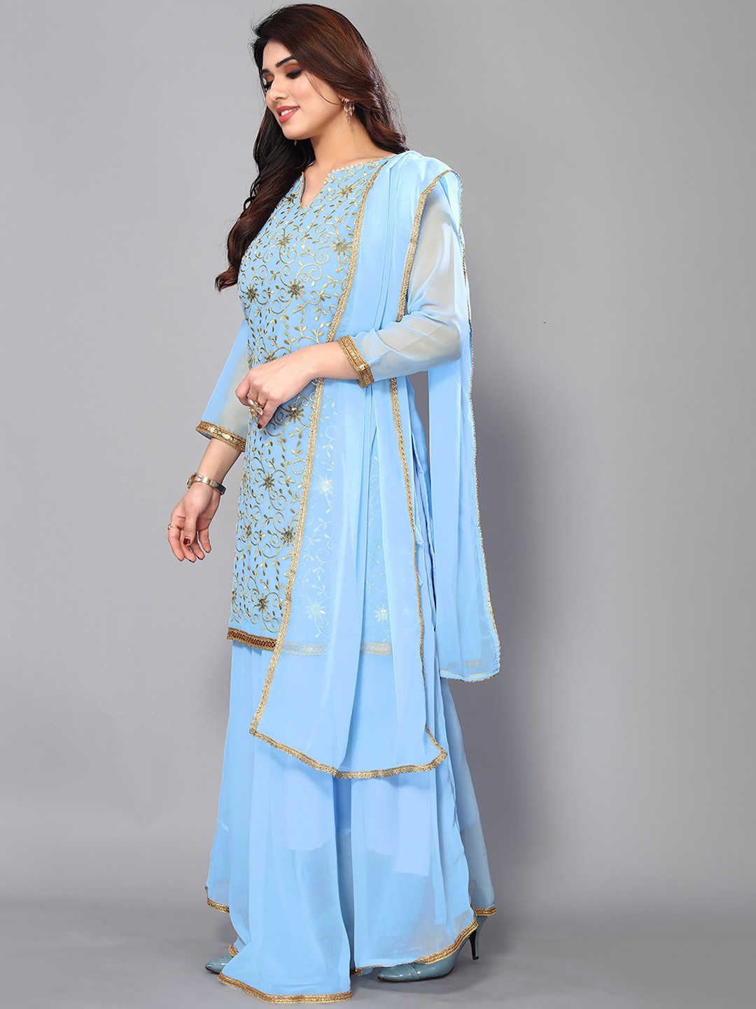 

Twika Florl Embroidered Regular Thread Work Kurta With Sharara & Dupatta, Blue