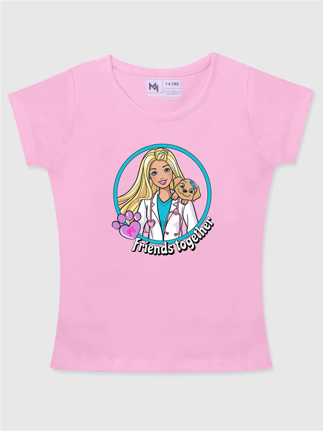 

Minute Mirth Girls Barbie Printed Short Sleeves Pure Cotton T-shirt, Pink