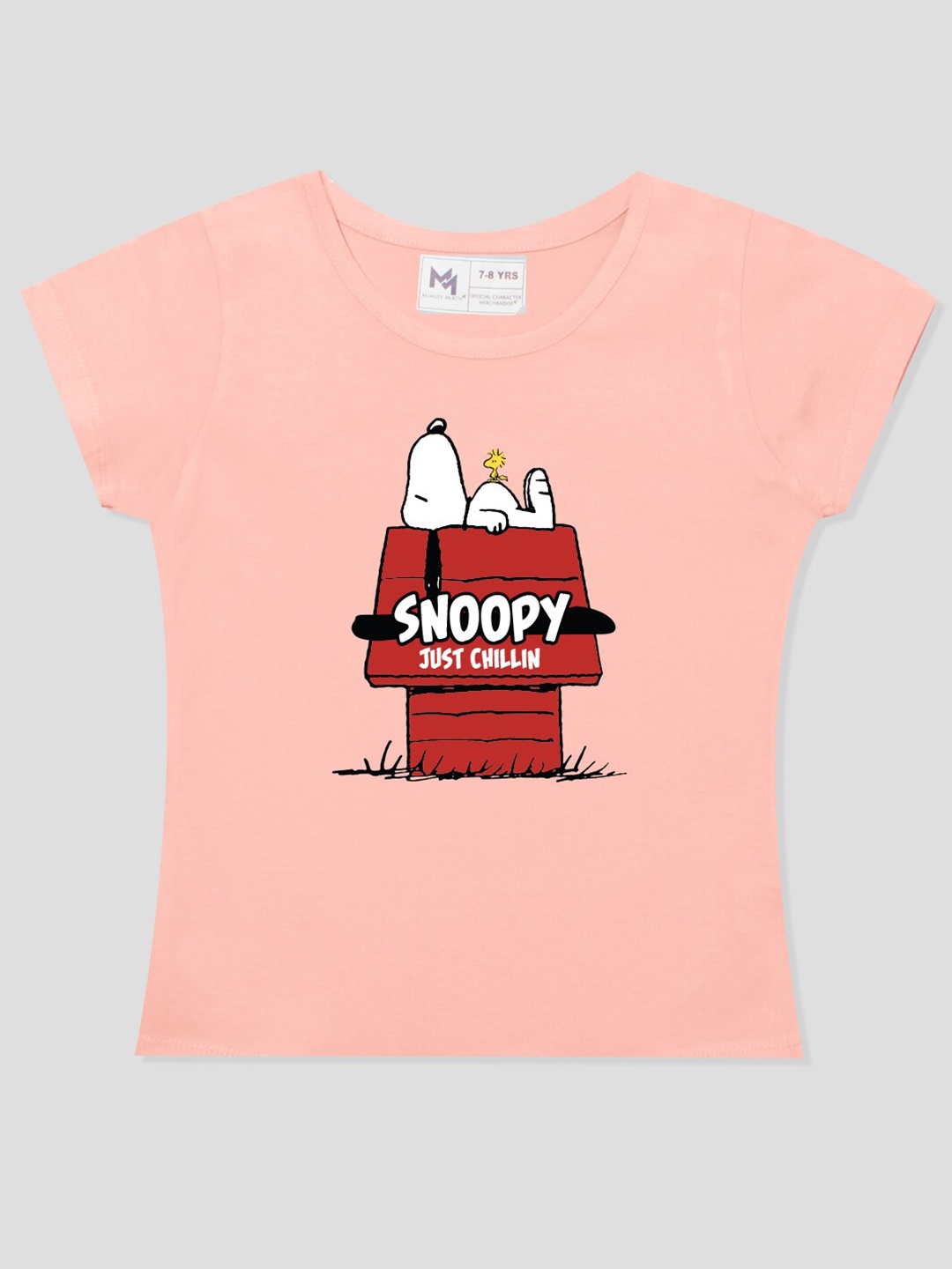 

Minute Mirth Infant Girls Snoopy Printed Round Neck Pure Cotton Tshirt, Peach