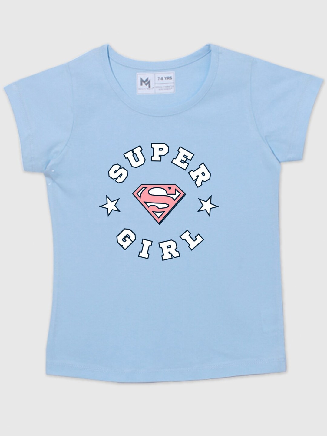 

Minute Mirth Girls Super Girl Printed Short Sleeves Pure Cotton T-shirt, Blue