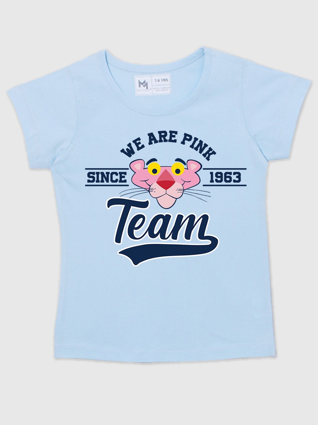 

Minute Mirth Girls The Pink Panther Printed Round Neck Pure Cotton T-shirt, Blue