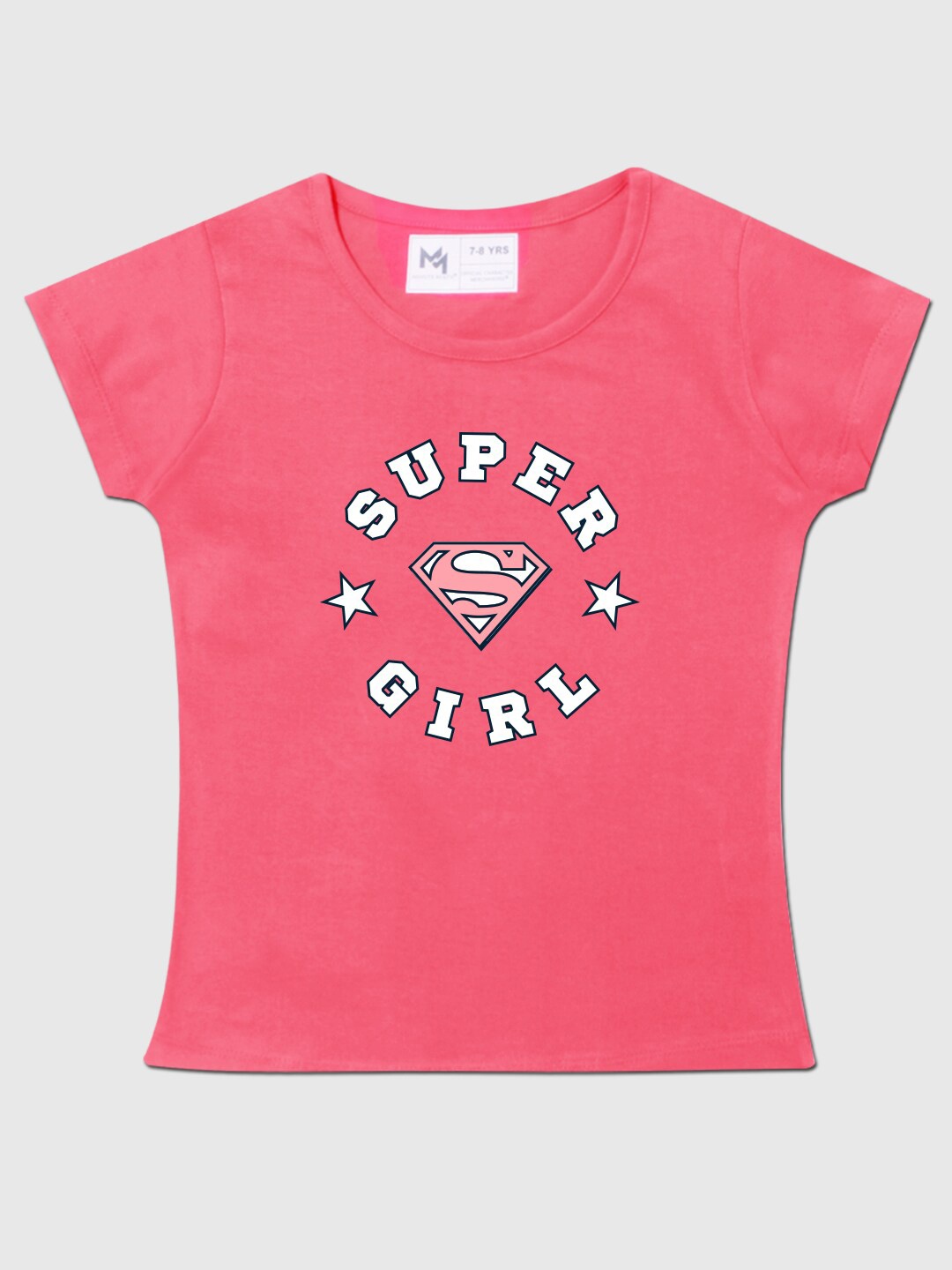 

Minute Mirth Girls Supergirl Printed Round Neck Short Sleeves Pure Cotton T-shirt, Coral