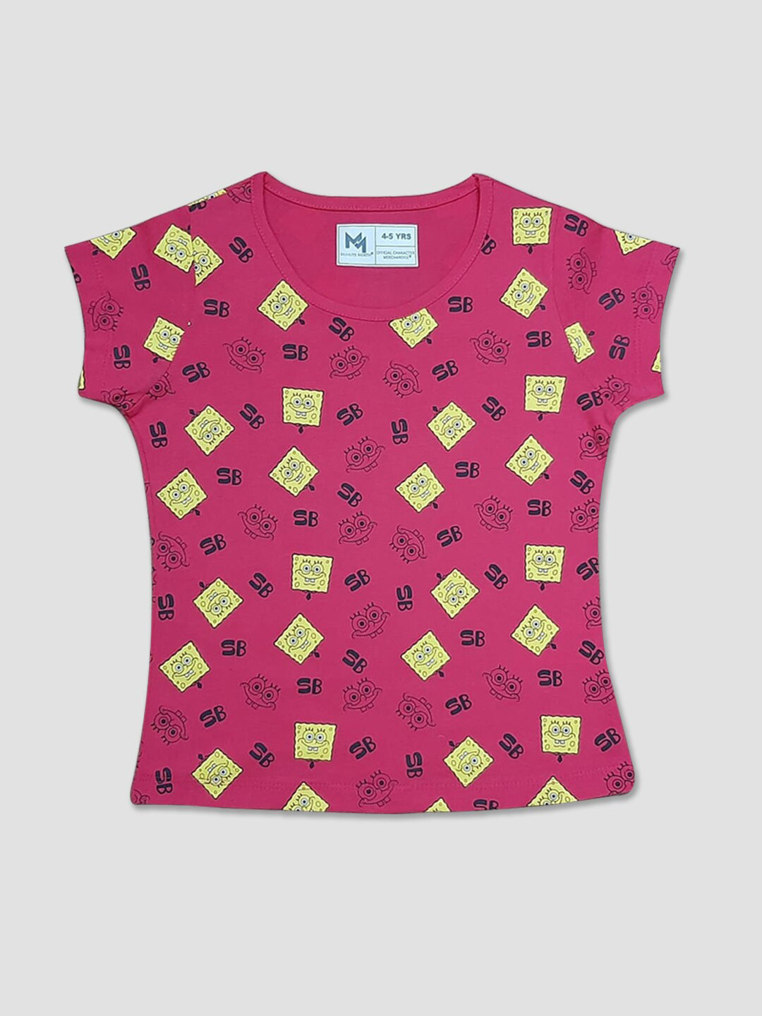 

Minute Mirth Girls Spongebob Printed Round Neck Short Sleeves Pure Cotton T-shirt, Pink