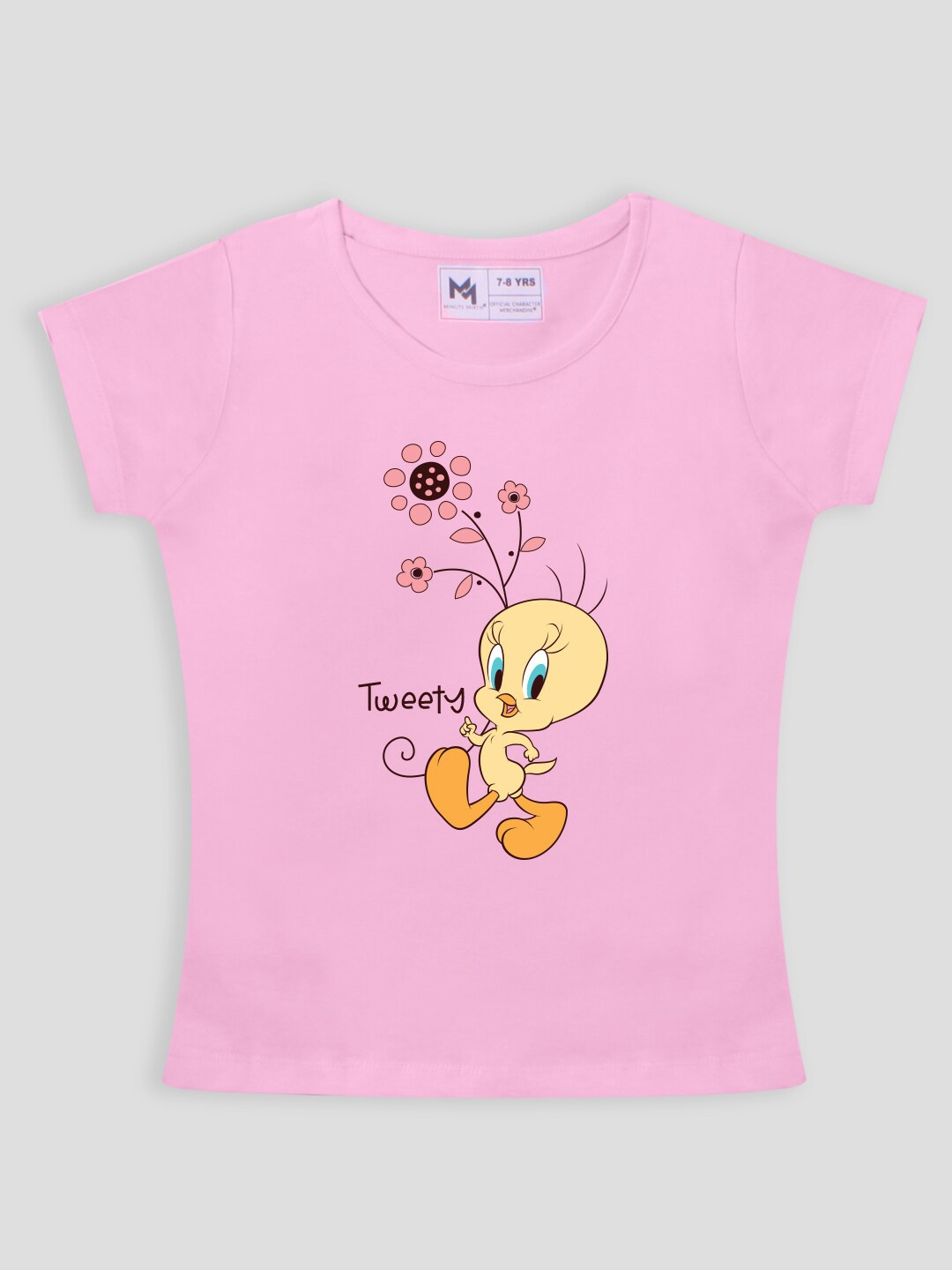 

Minute Mirth Girls Tweety Printed Round Neck Short Sleeves Pure Cotton T-shirt, Pink