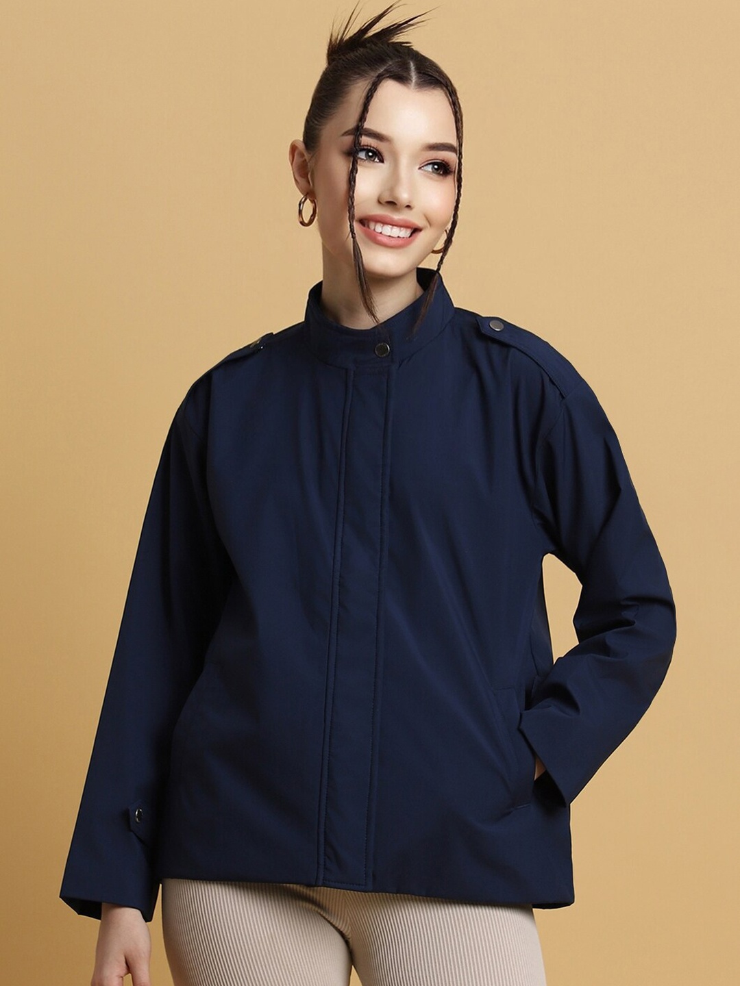 

FOREVER 21 Navy Blue Stand Collar Bomber Jacket