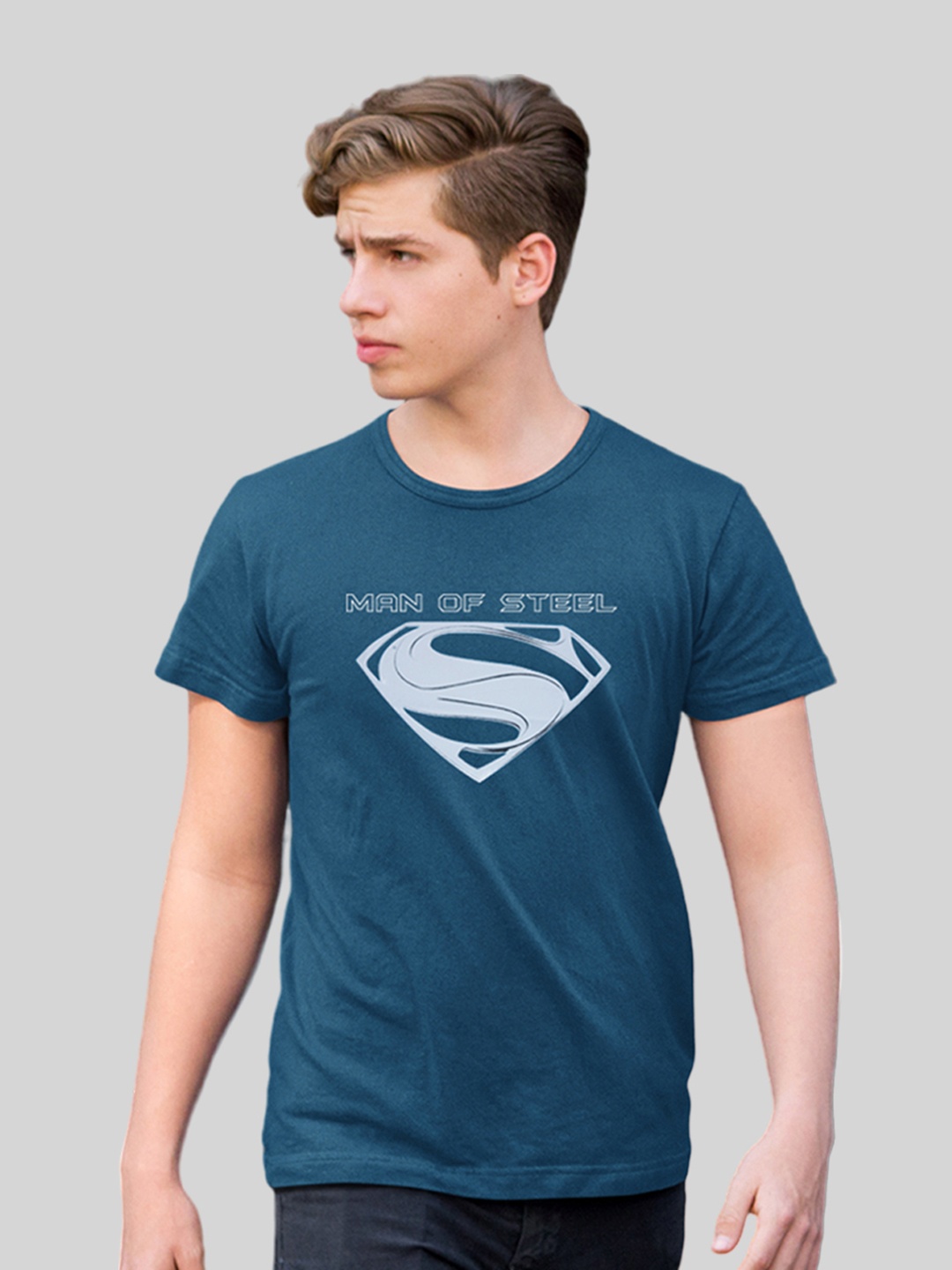 

Minute Mirth Superman Man Of Steel Printed Cotton T- Shirt, Blue