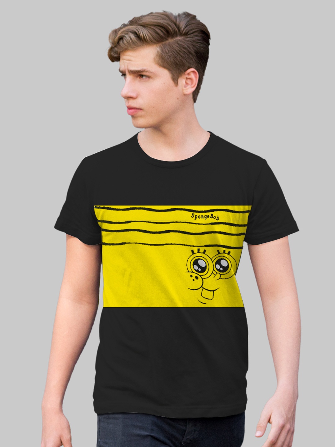 

Minute Mirth Spongebob Printed Cotton T- Shirt, Black