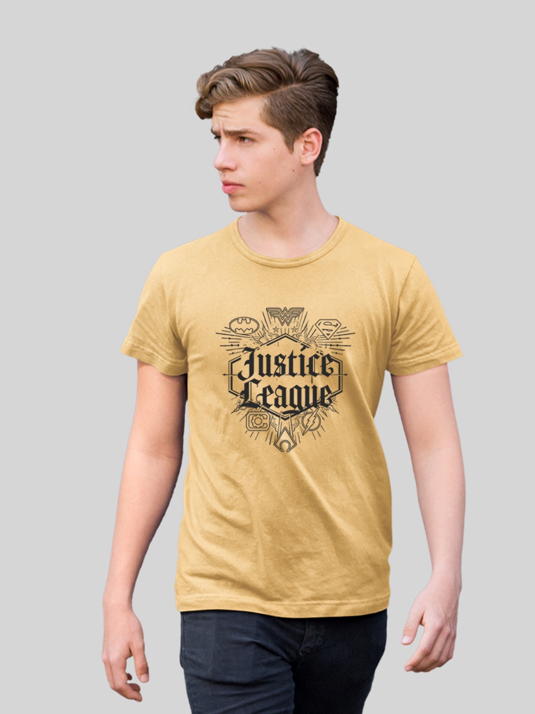 

Minute Mirth Justice League Printed Cotton T-shirt, Yellow