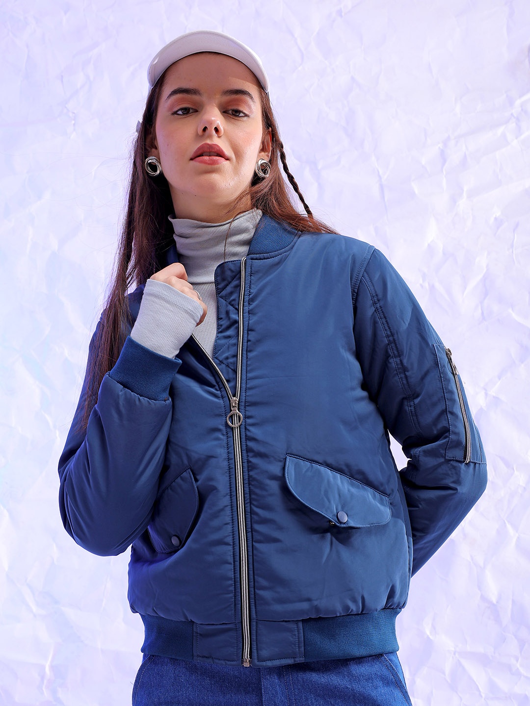 

Freehand by The Indian Garage Co Lightweight Crop Bomber Jacket, Blue