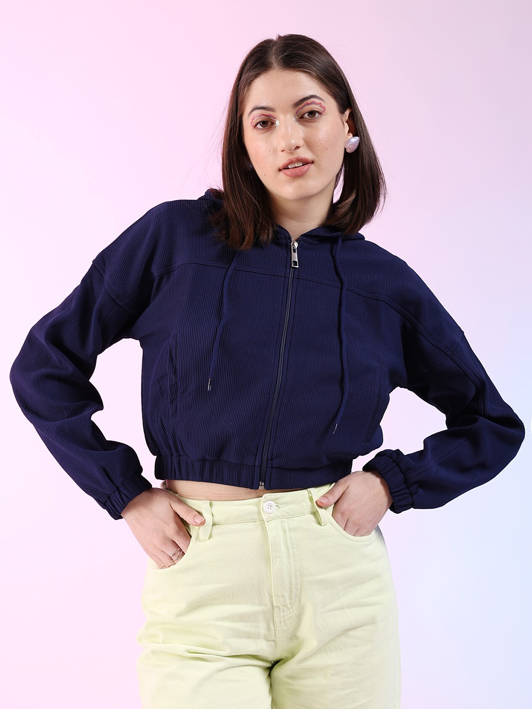 

Freehand by The Indian Garage Co Lightweight Self Designed Hooded Crop Tailored Jacket, Blue