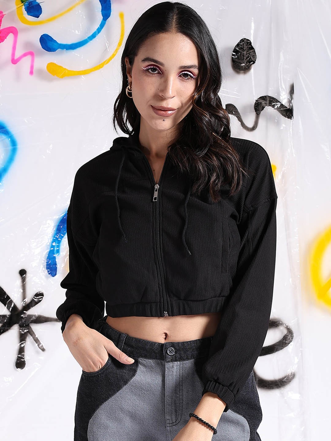 

Freehand by The Indian Garage Co Hood Lightweight Boxy Crop Bomber Jacket, Black