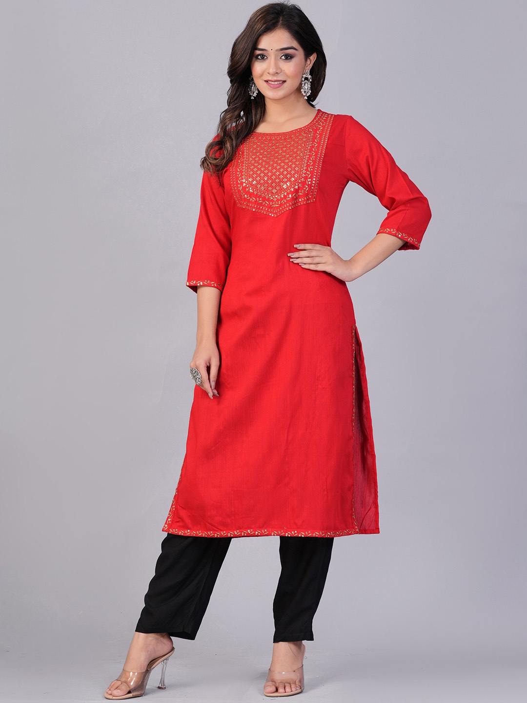 

DORIYA Women Red Embroidered Regular Kurta with Palazzos