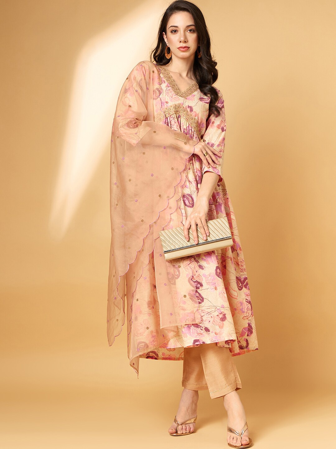 

all about you Floral Embroidered Empire Sequinned Kurta With Trousers & Dupatta, Pink