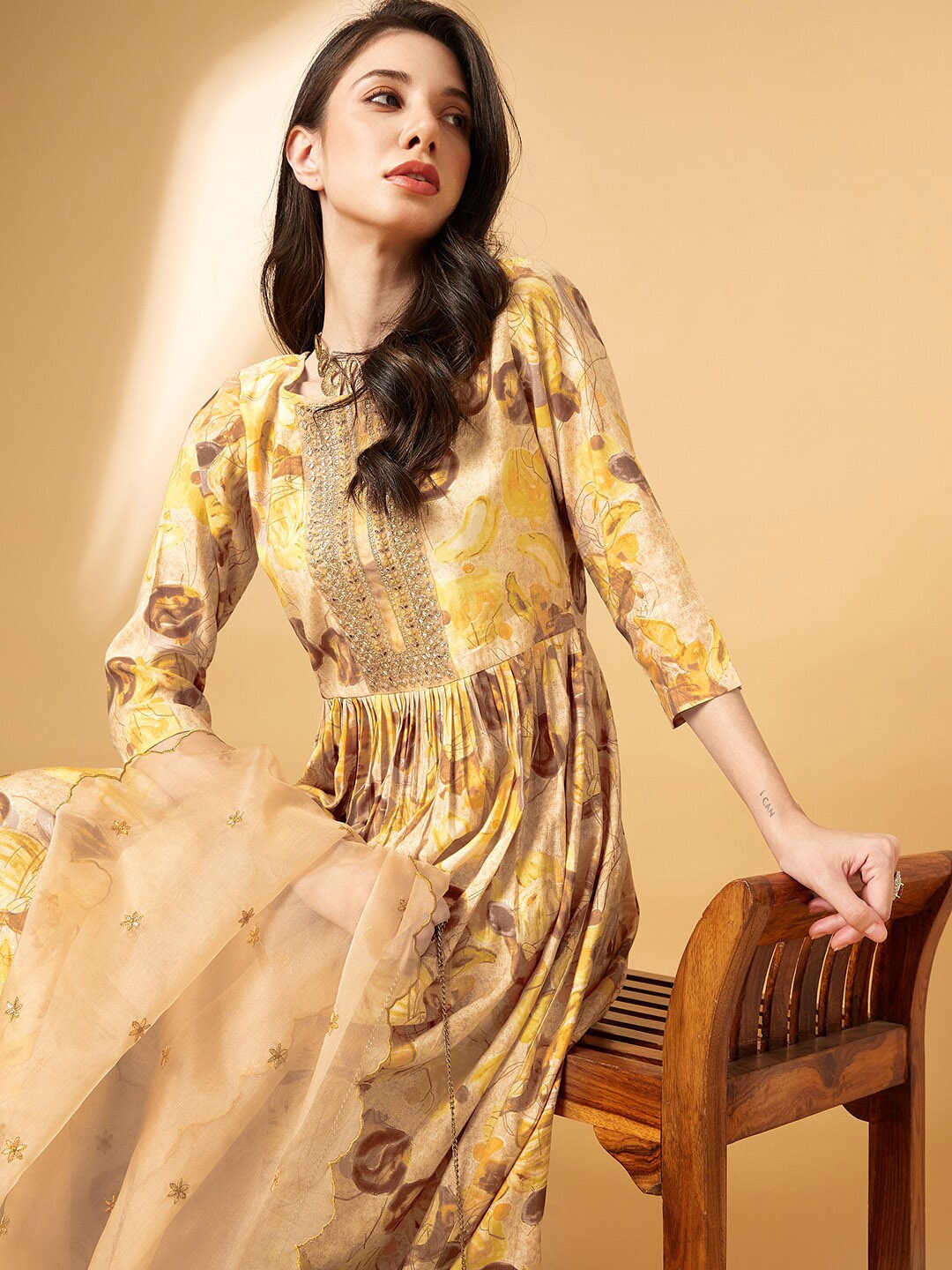 

all about you Printed Sequinned A-Line Kurta With Trousers & Dupatta, Mustard