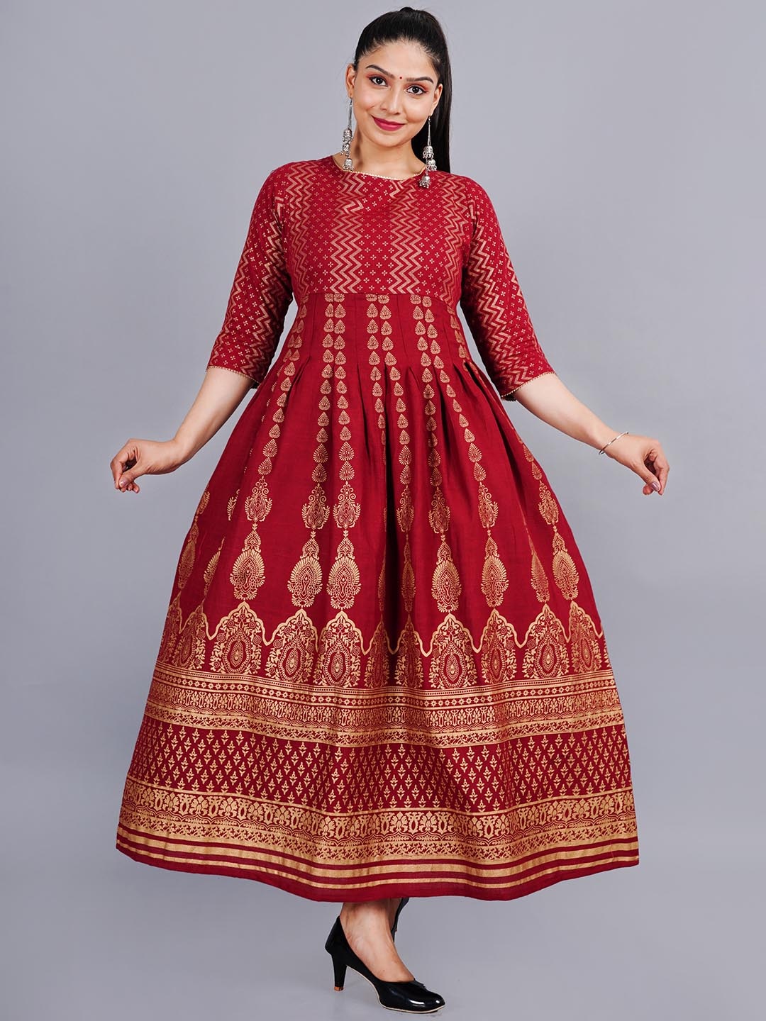 

AAYUMI Ethnic Motifs Printed Anarkali Kurta, Maroon