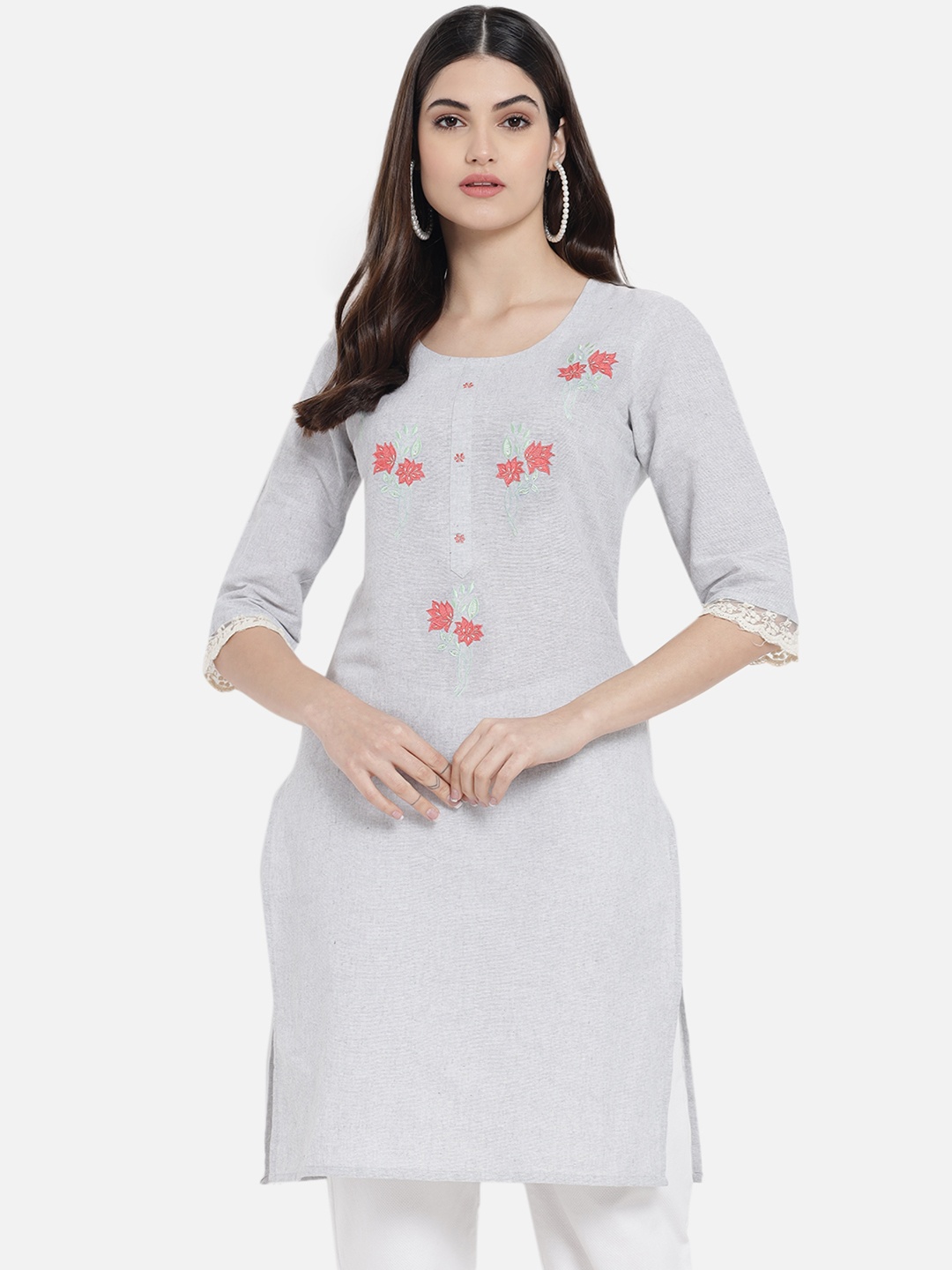 

AAYUMI Floral Embroidered Thread Work Pure Cotton Straight Kurta, Off white