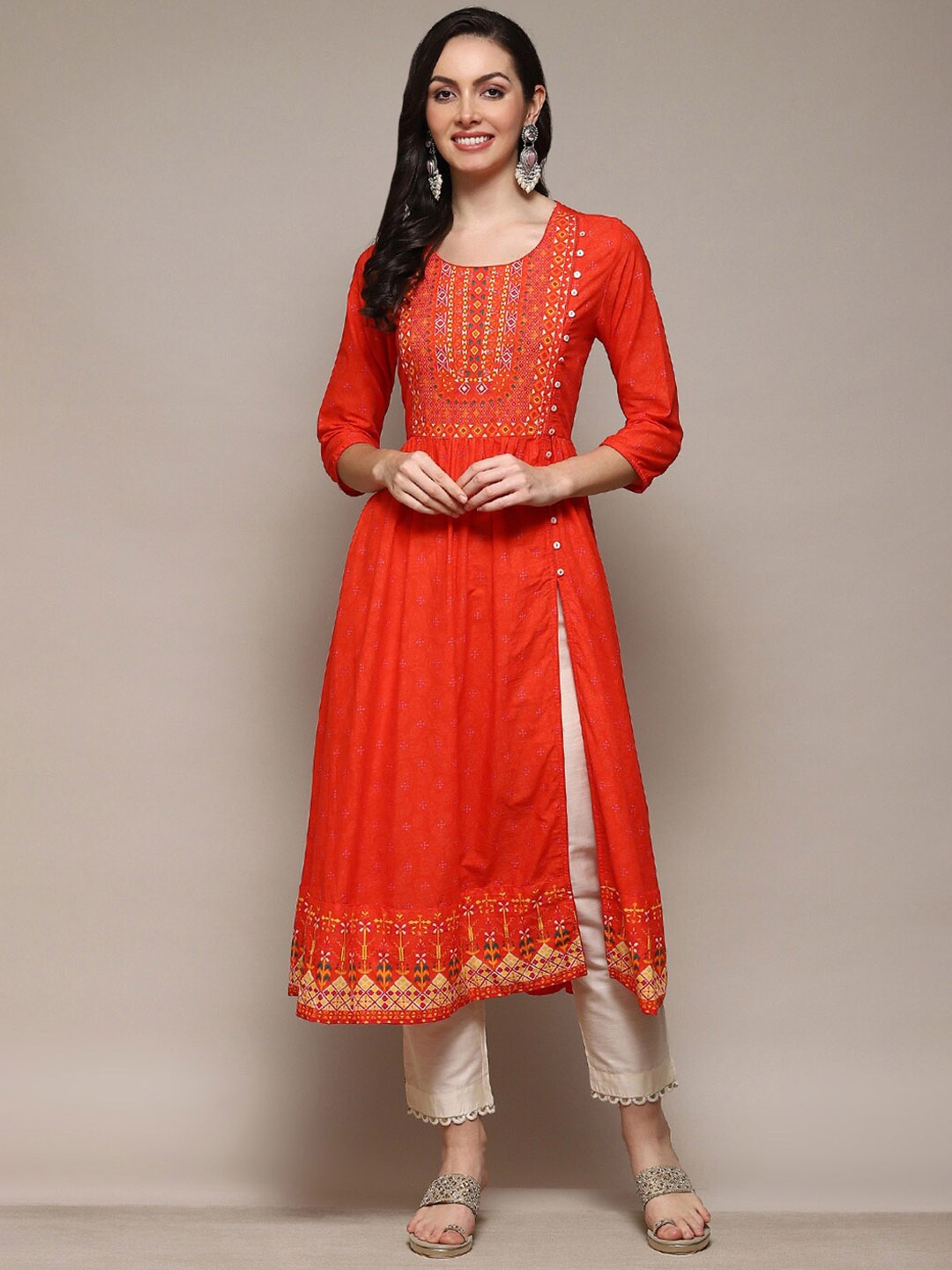 

Biba Ethnic Motifs Yoke Design Round Neck Kurta, Red