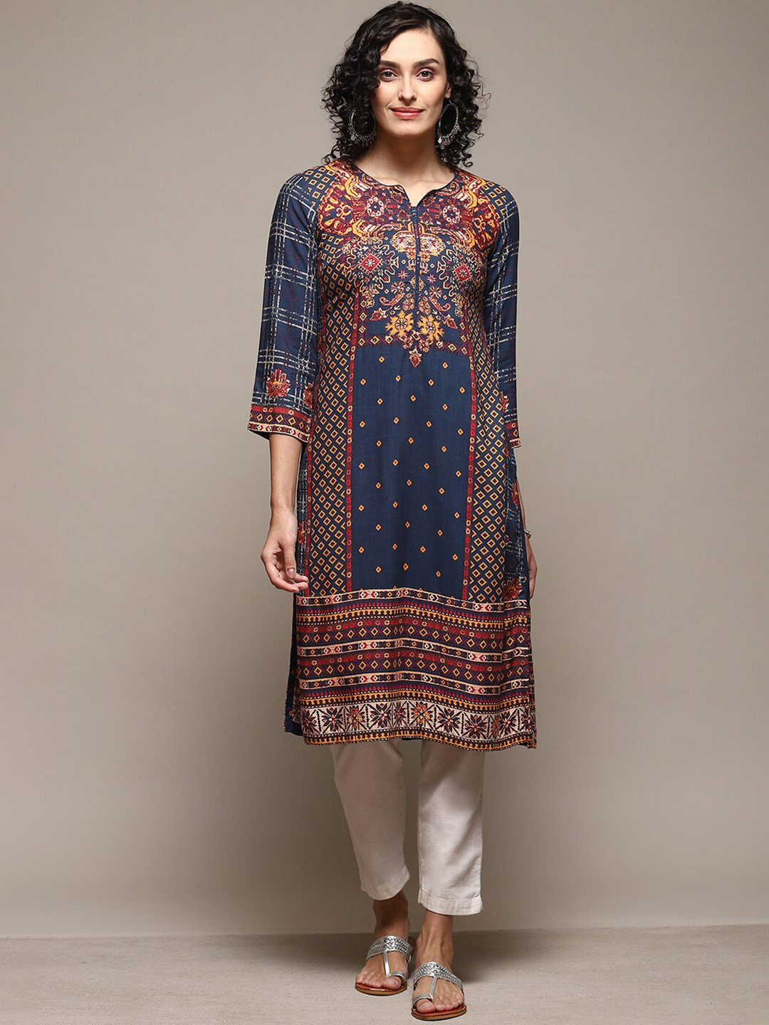 

Biba Ethnic Motifs Printed Sequinned Detailed Straight Kurta, Teal
