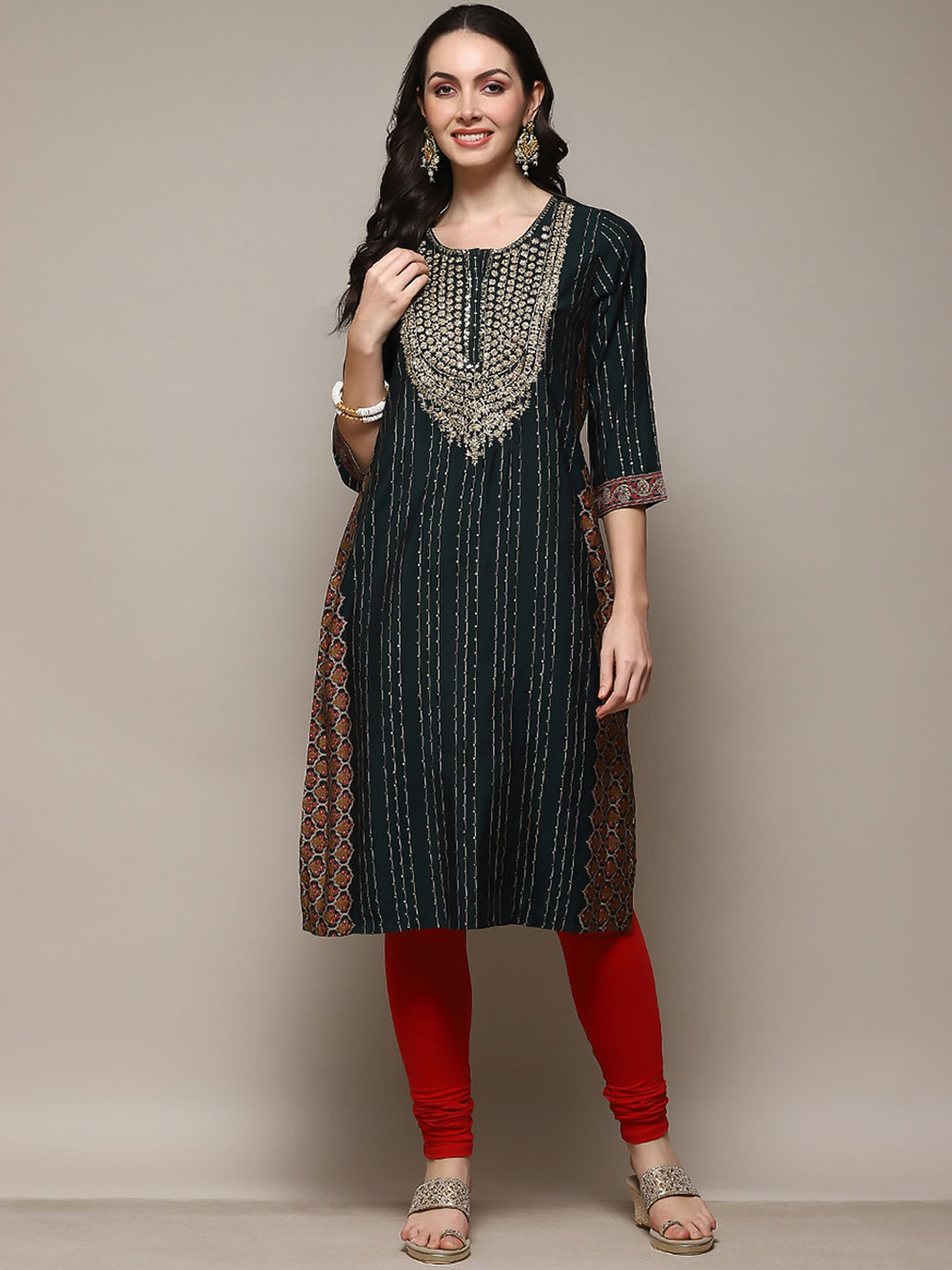 

Biba Floral Embroidered Sequinned Kurta, Green