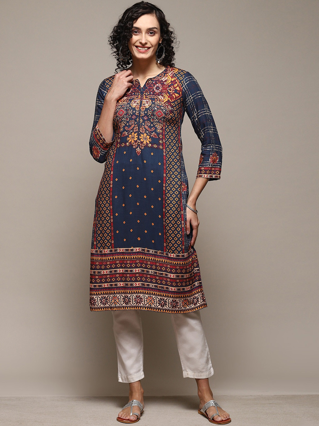 

Biba Floral Printed Sequinned Kurta, Navy blue