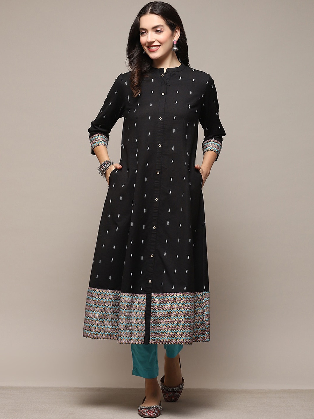 

Biba Geometric Printed Band Collar A-Line Kurta, Black