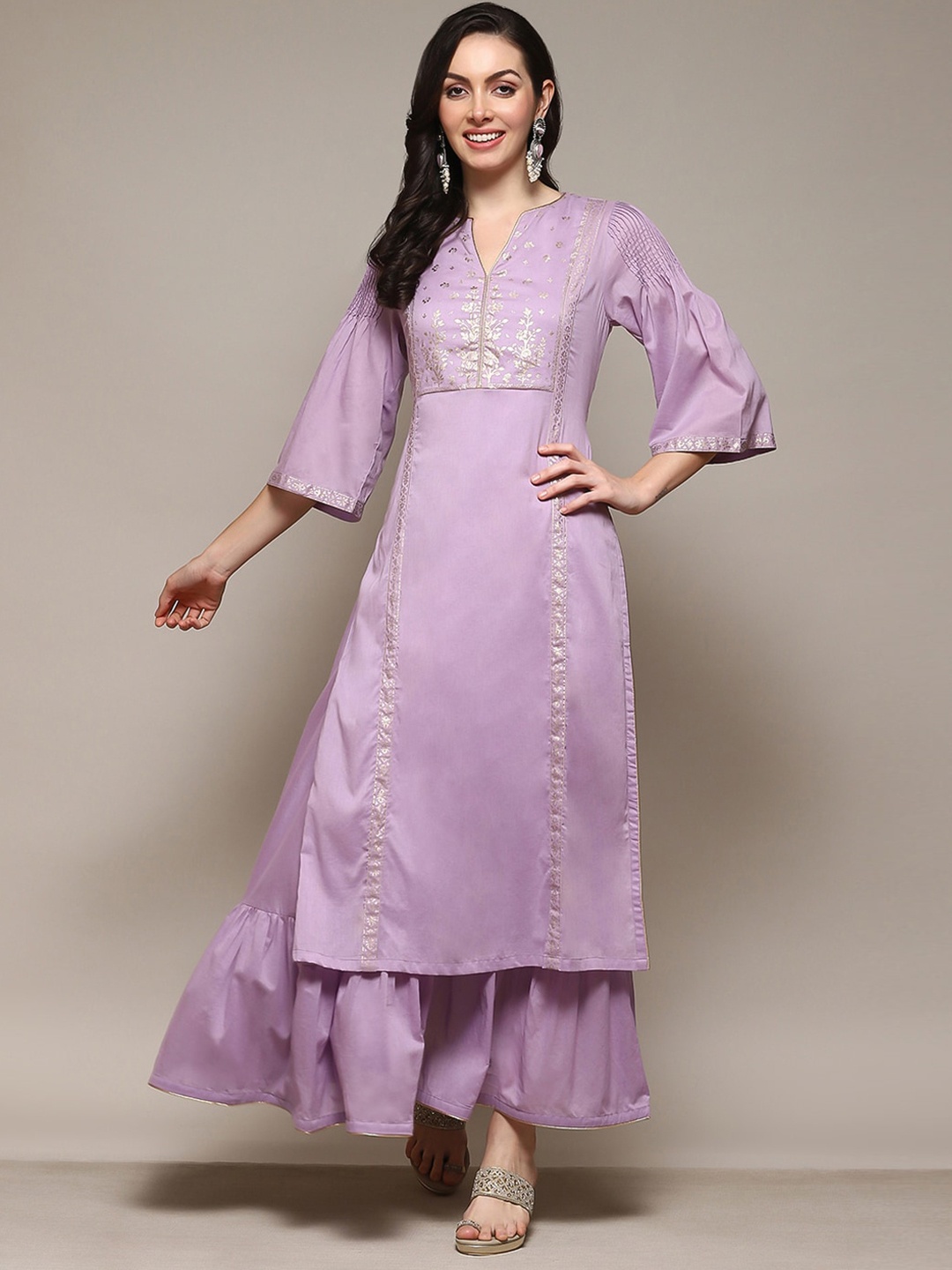 

Biba Ethnic Motifs Yoke Design Cotton Straight Kurta, Purple