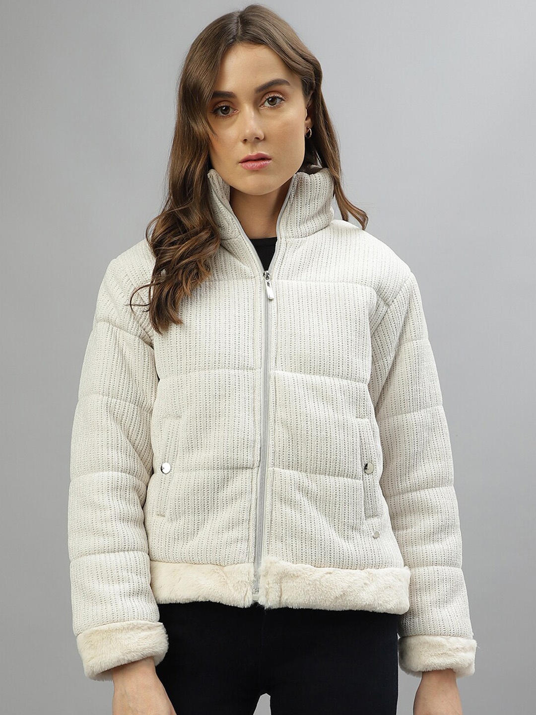 

ELLE Striped Mock Collar Long Sleeves Fur Padded Jacket, Off white