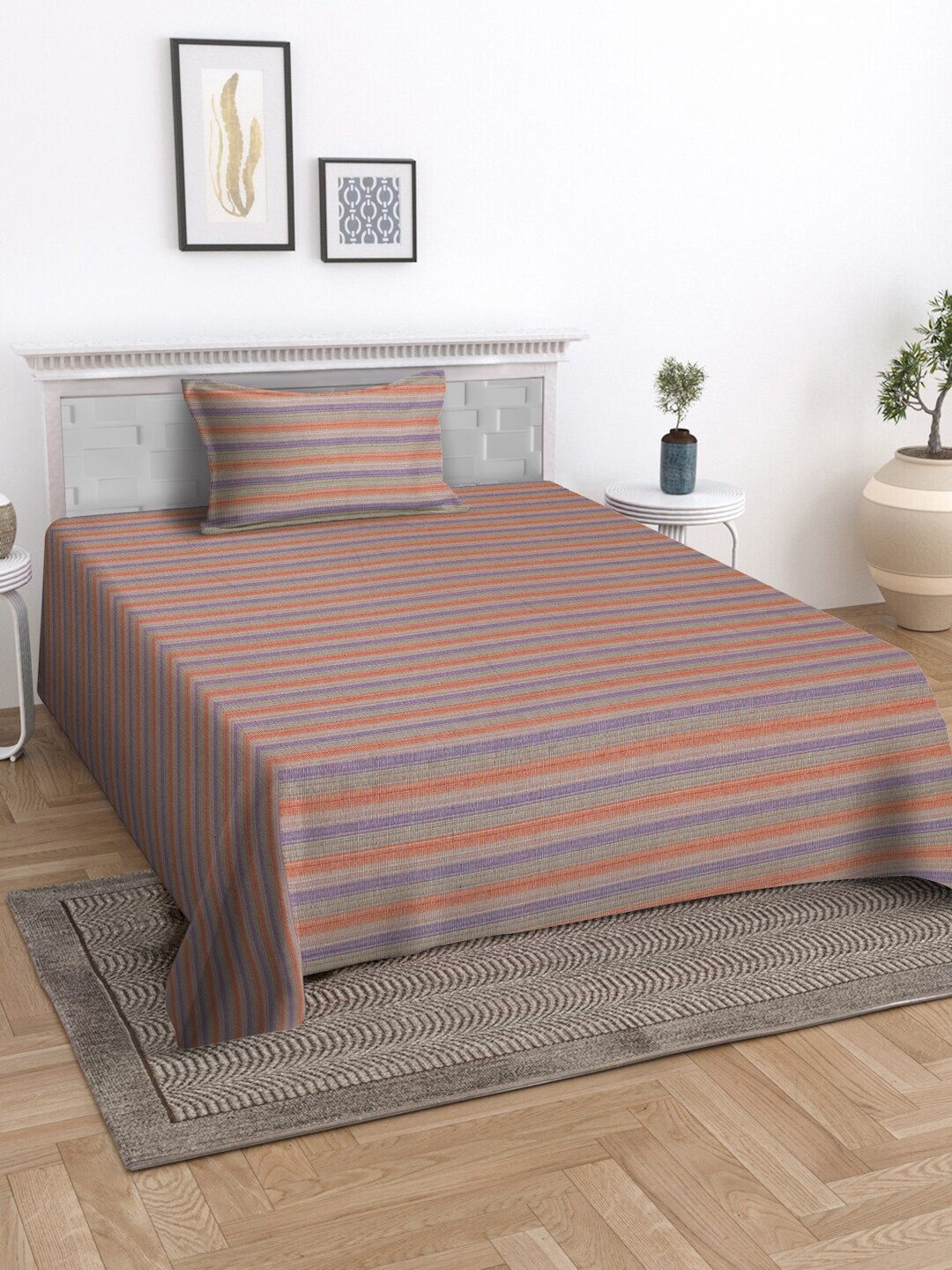 

KLOTTHE Red & Blue Woven Design 400 TC Cotton Bed Cover with Pillow Cover