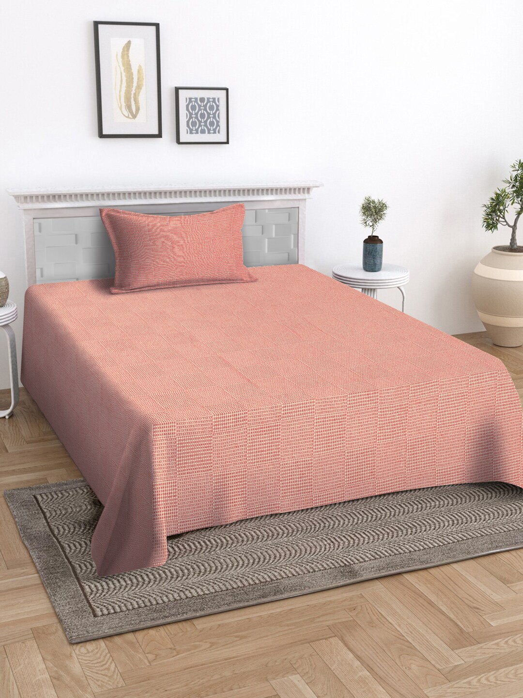 

KLOTTHE Red Woven Design 400 TC Cotton Bed Covers With Pillow Cover