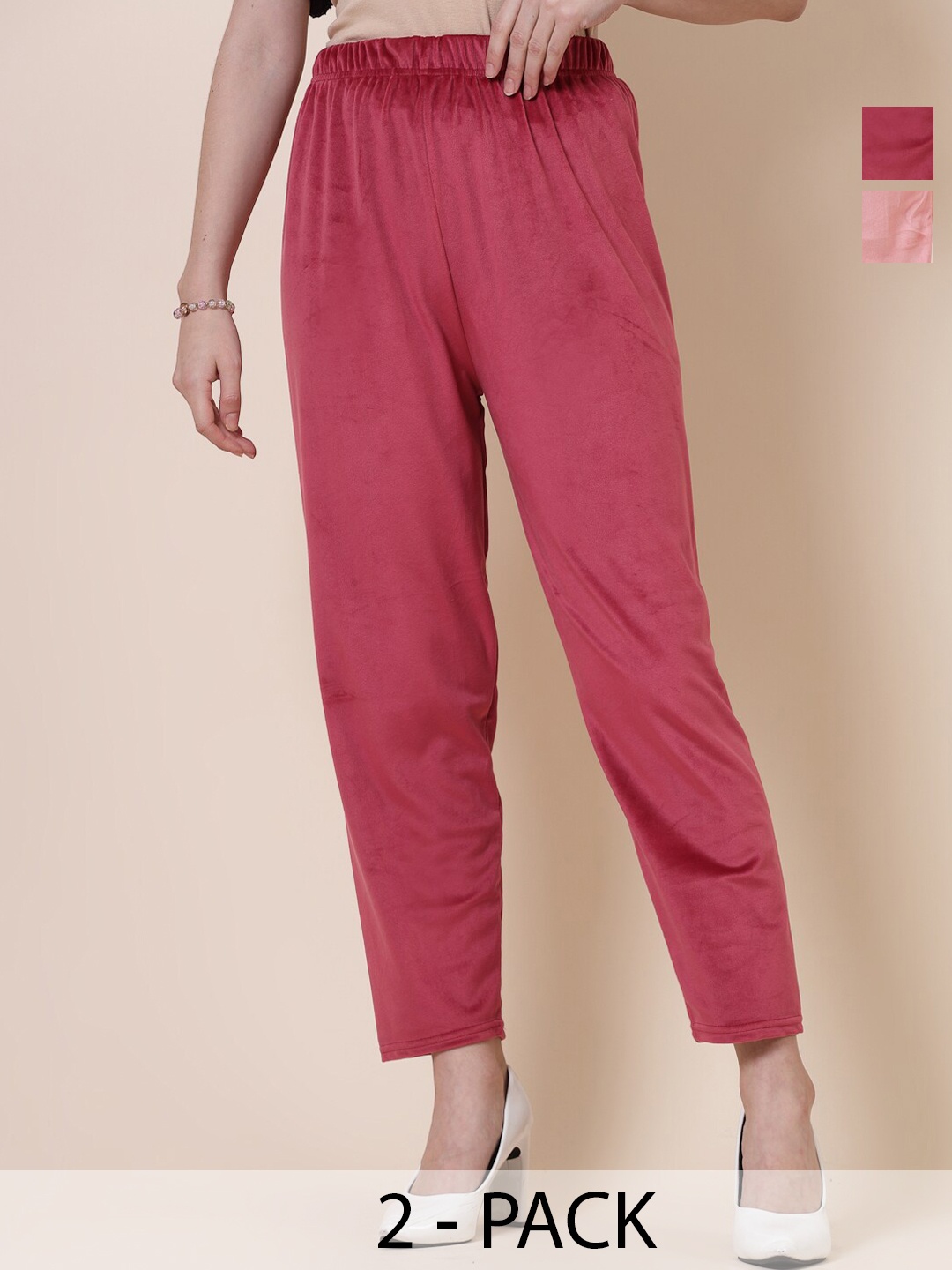 

Clora Creation Women Pack Of 2 Straight Fit Velvet Trousers, Pink