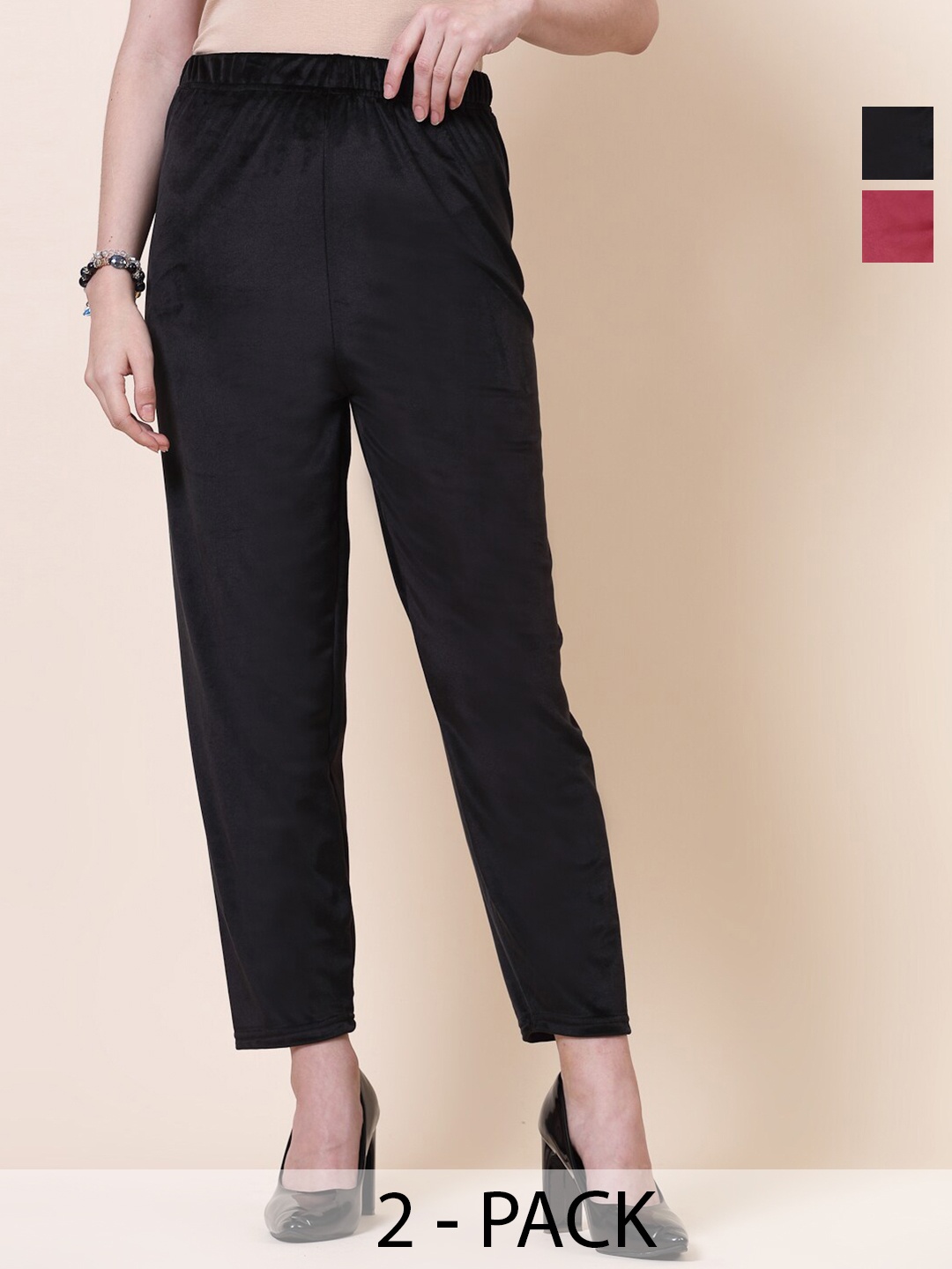 

Clora Creation Women Pack Of 2 Velvet Straight-Fit Regular Trousers, Black
