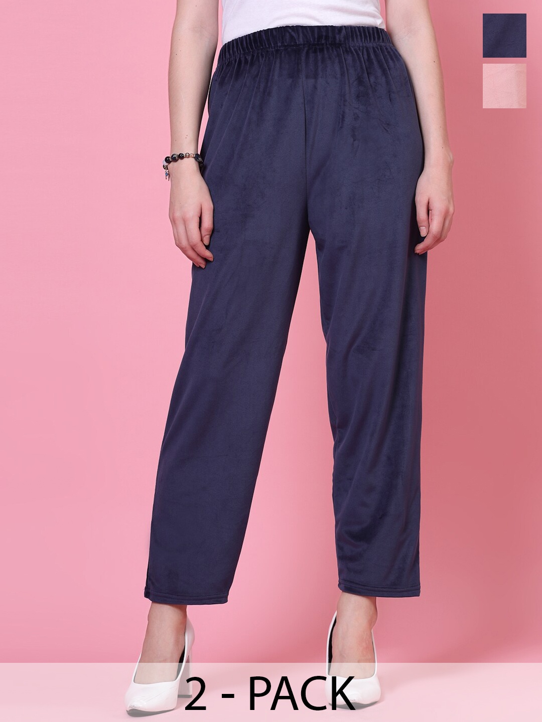 

Clora Creation Women Pack Of 2 Straight Fit Velvet Trousers, Navy blue