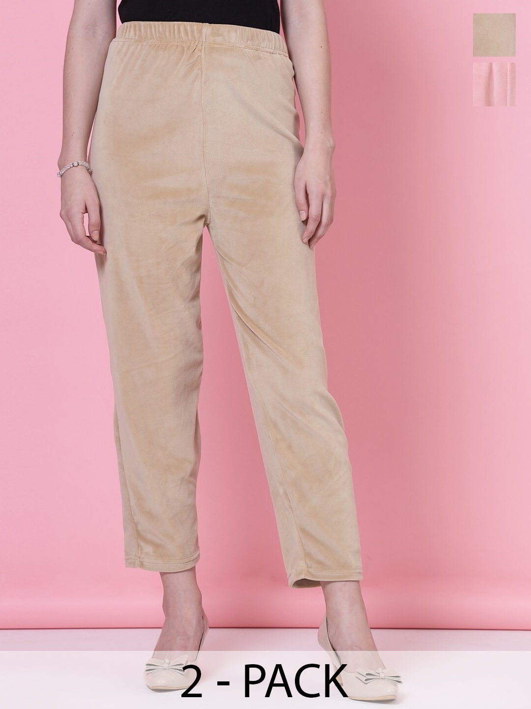 

Clora Creation Women Pack Of 2 Velvet Straight-Fit Regular Trousers, Beige