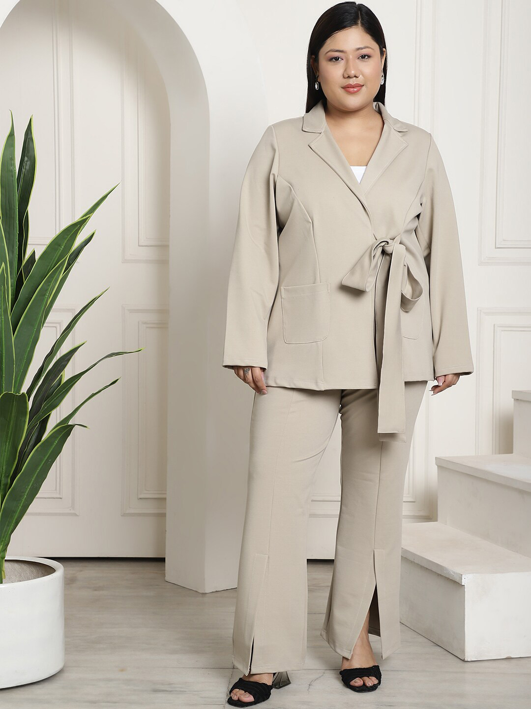 

theRebelinme Notched Lapel Collar Top With Flared Trousers Co-Ords, Grey