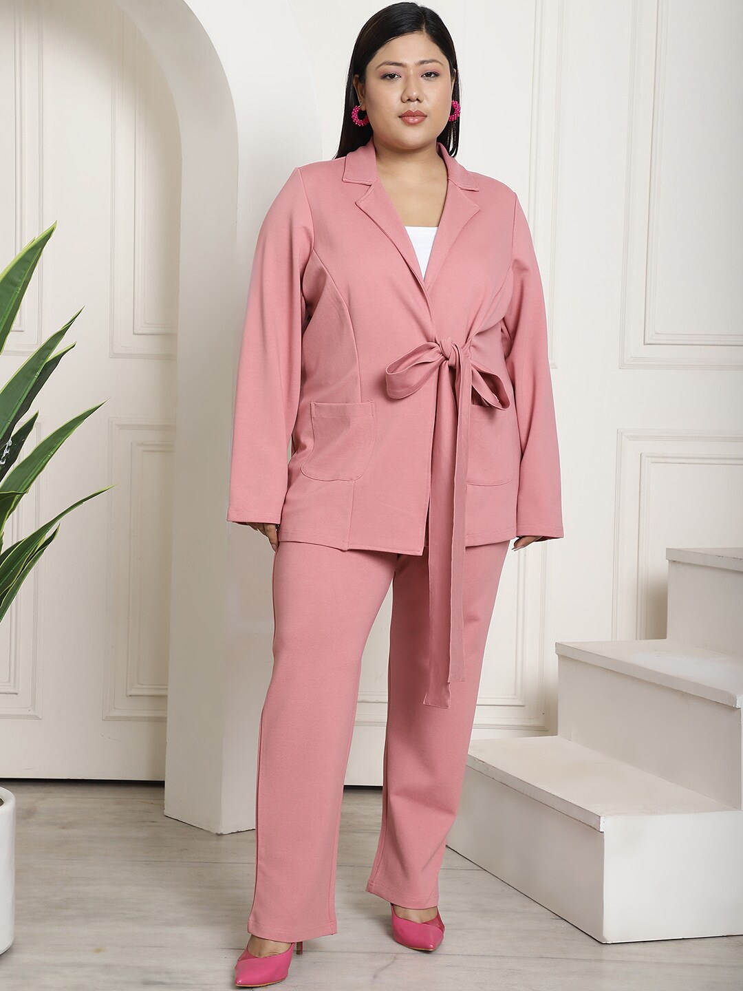 

theRebelinme Plus Size Notched Lapel Collar Coat With Trousers, Pink