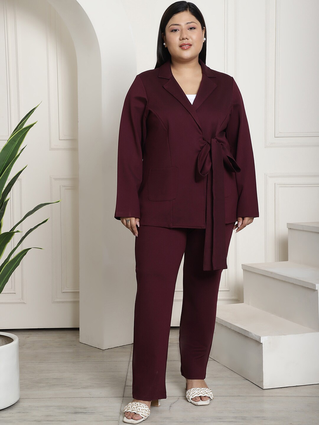 

theRebelinme Plus Size Notched Lapel Collar Coat With Trousers, Burgundy