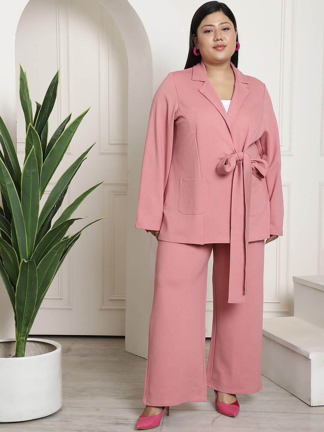 

theRebelinme Notched Lapel Collar Top With Flared Trousers Co-Ords, Pink