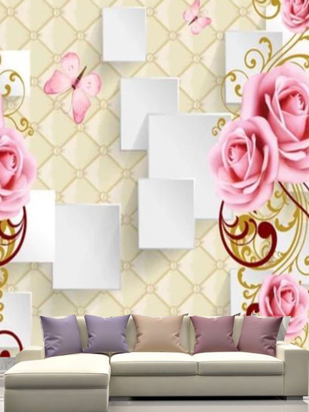

KSHIRSA Beige & Pink Floral Printed Self Adhesive Removable Waterproof Wallpaper