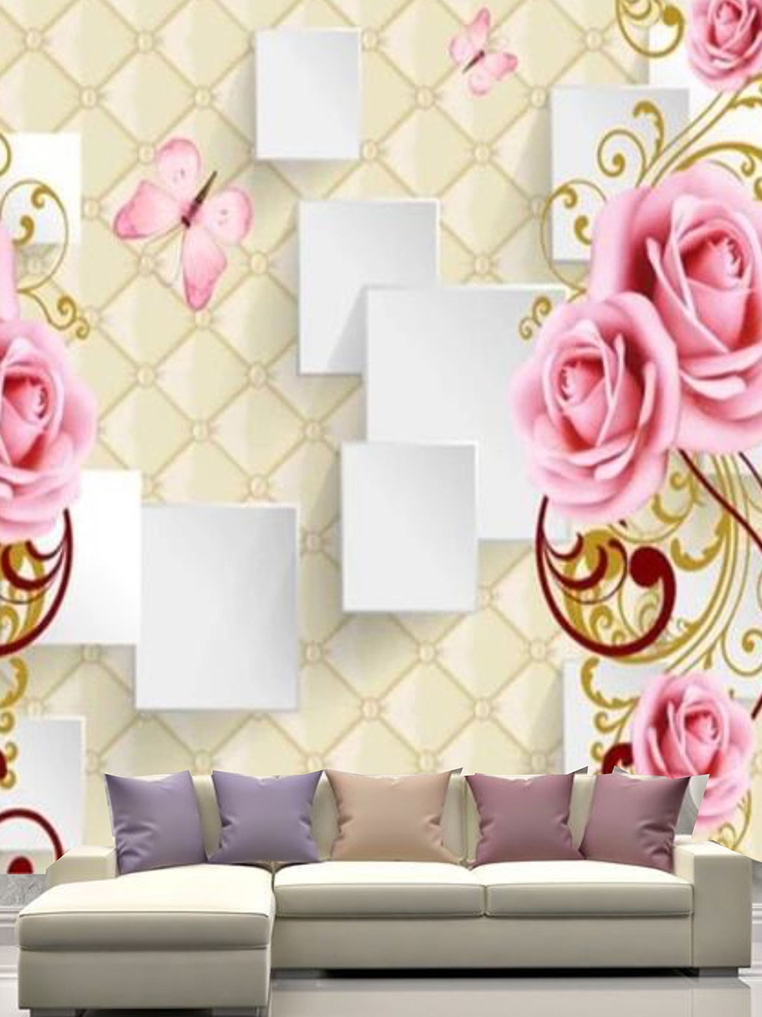 

KSHIRSA Beige & Pink Floral Printed Self Adhesive Removable Waterproof Wallpaper