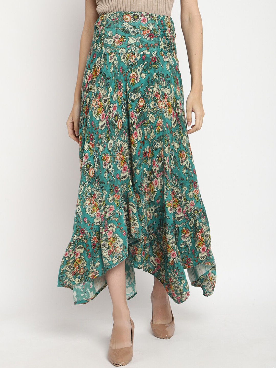 

Porsorte Floral Printed Organic Cotton Flared Asymmetric Maxi Skirt, Green
